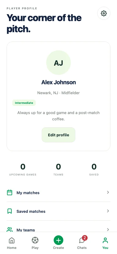 GoalieNow demo profile screen, showing the complete bottom tab bar